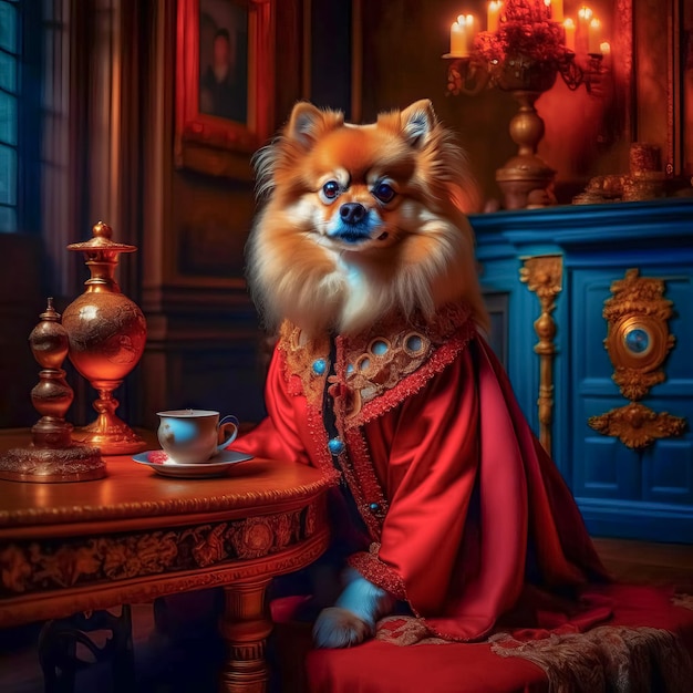 Um belo cão Spitz nobre posa em um traje vermelho rico em um interior vintage