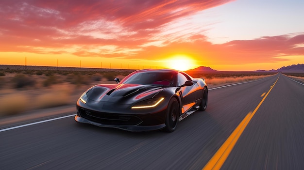 Foto um belo carro esportivo dirigindo contra um dramático céu pôr do sol