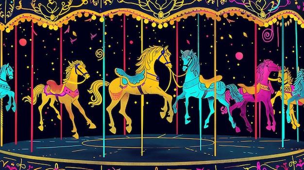 Um belo carrossel com quatro cavalos coloridos Os cavalos são iluminados por um holofote e o fundo é um azul escuro com um céu noturno estrelado