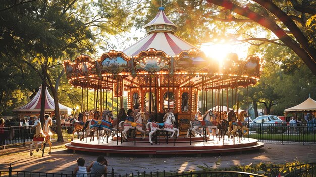 Um belo carrossel em um parque com um brilho quente e convidativo