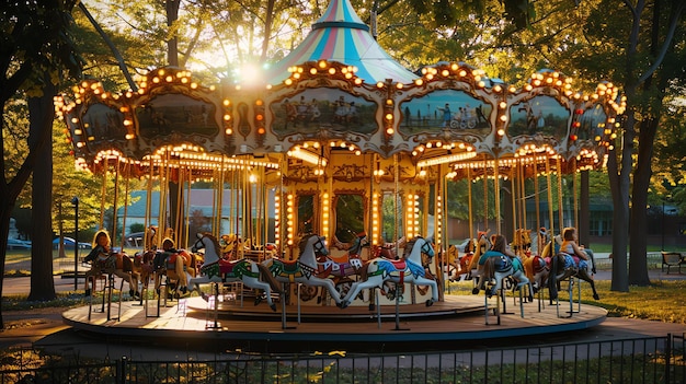 Foto um belo carrossel em um parque de diversões com um brilho caloroso e convidativo