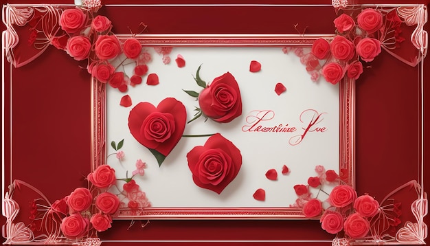 Foto um belo cartão de namorado com rosas e botões em flor em moldura vermelha gerado pela ia