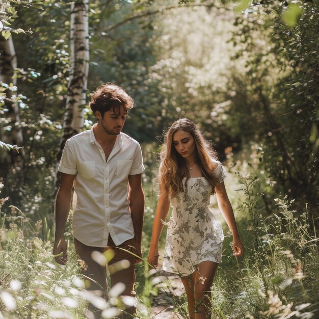 Foto um belo casal a passear pela floresta.