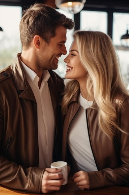 Um belo casal apaixonado a tomar um café. Um casal apaixonado sentado num café a tocar as testas.