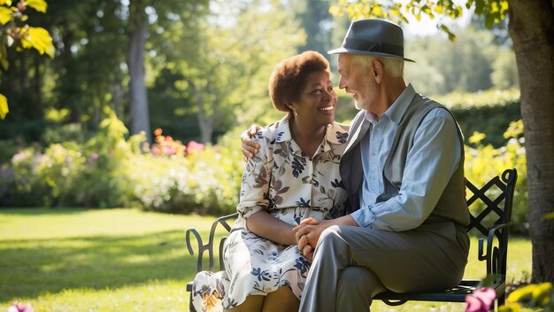 Foto um belo casal de idosos passa o tempo num jardim de verão.