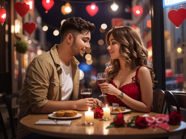 Foto um belo casal de jovens em casa se abraçando e gostando de passar tempo juntos enquanto celebram o dia de são valentim com rosas vermelhas na cama e balões em forma de coração no fundo