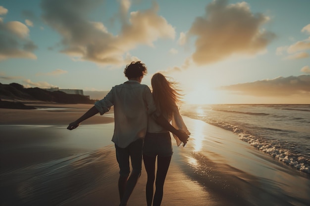 Um belo casal de jovens sorrindo em um dia de verão na praia