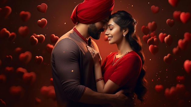 Foto um belo casal indiano apaixonado com corações vermelhos em fundo escuro.