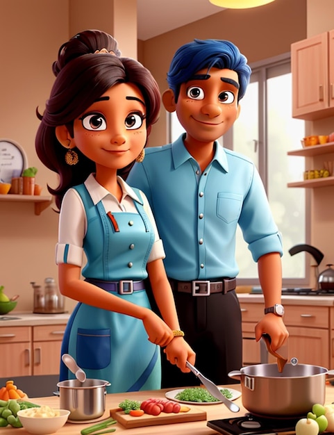 Um belo casal indiano está cozinhando na cozinha.