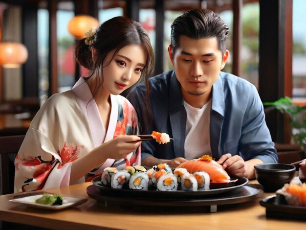 Um belo casal japonês comendo cozinha japonesa com frutos do mar frescos