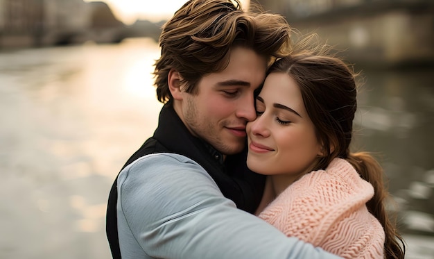 Foto um belo casal jovem a expressar os seus sentimentos na rua.