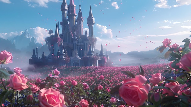 Um belo castelo com flores cor-de-rosa em primeiro plano e montanhas ao fundo o céu é azul e há nuvens