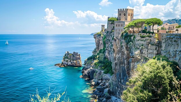 Um belo castelo em um penhasco com vista para o Mar Mediterrâneo O castelo é cercado por jardins exuberantes e tem uma vista deslumbrante do mar