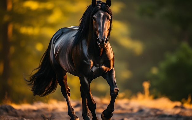 Um belo cavalo a galopar no prado ao pôr-do-sol.