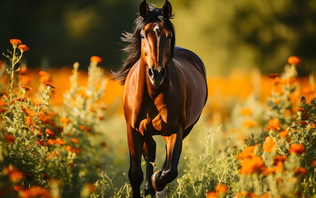 Um belo cavalo a galopar no prado ao pôr-do-sol.