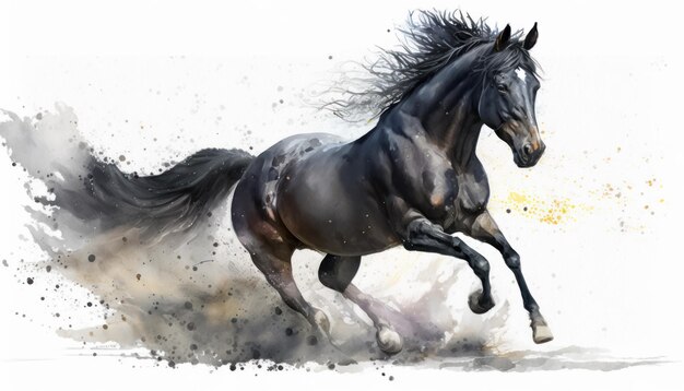 Foto um belo cavalo preto correndo na areia aquarela pintura generativa ai