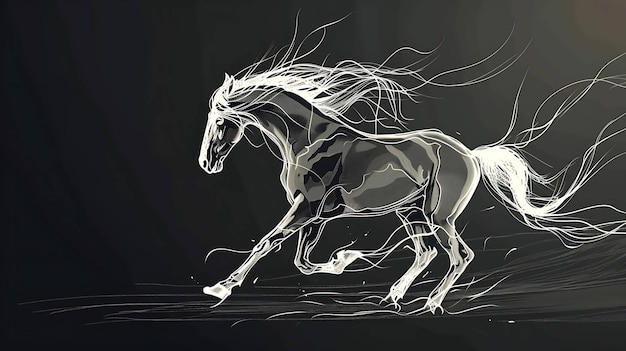 Foto um belo cavalo preto está correndo a galope, a crina e a cauda dos cavalos estão fluindo no vento.