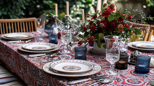 Um belo cenário de mesa com uma toalha de mesa com padrão de peça central floral vermelha e utensílios de vidro azuis