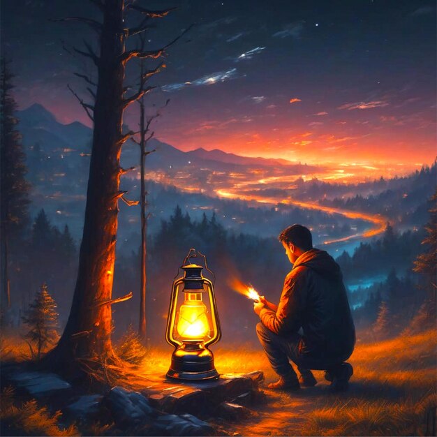 Foto um belo cenário noturno com um homem tomando uma lâmpada de fogo nos papéis de parede de aventura da selva escura