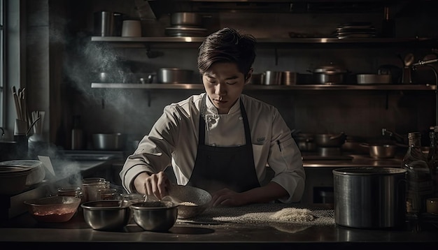 um belo chef coreano preparando comida em uma cozinha