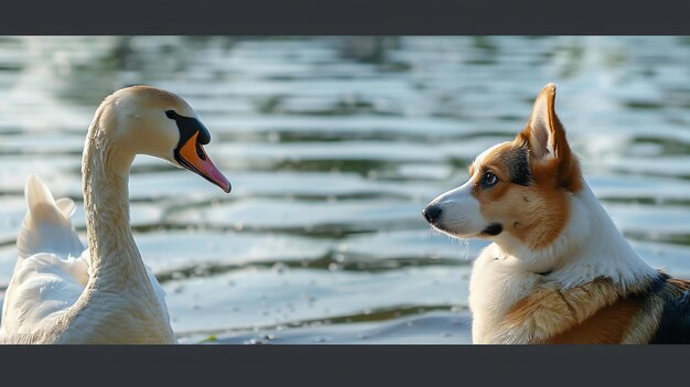 Um belo cisne e um cão bonito estão olhando um para o outro no lago o cisne é branco e o cão é castanho e branco