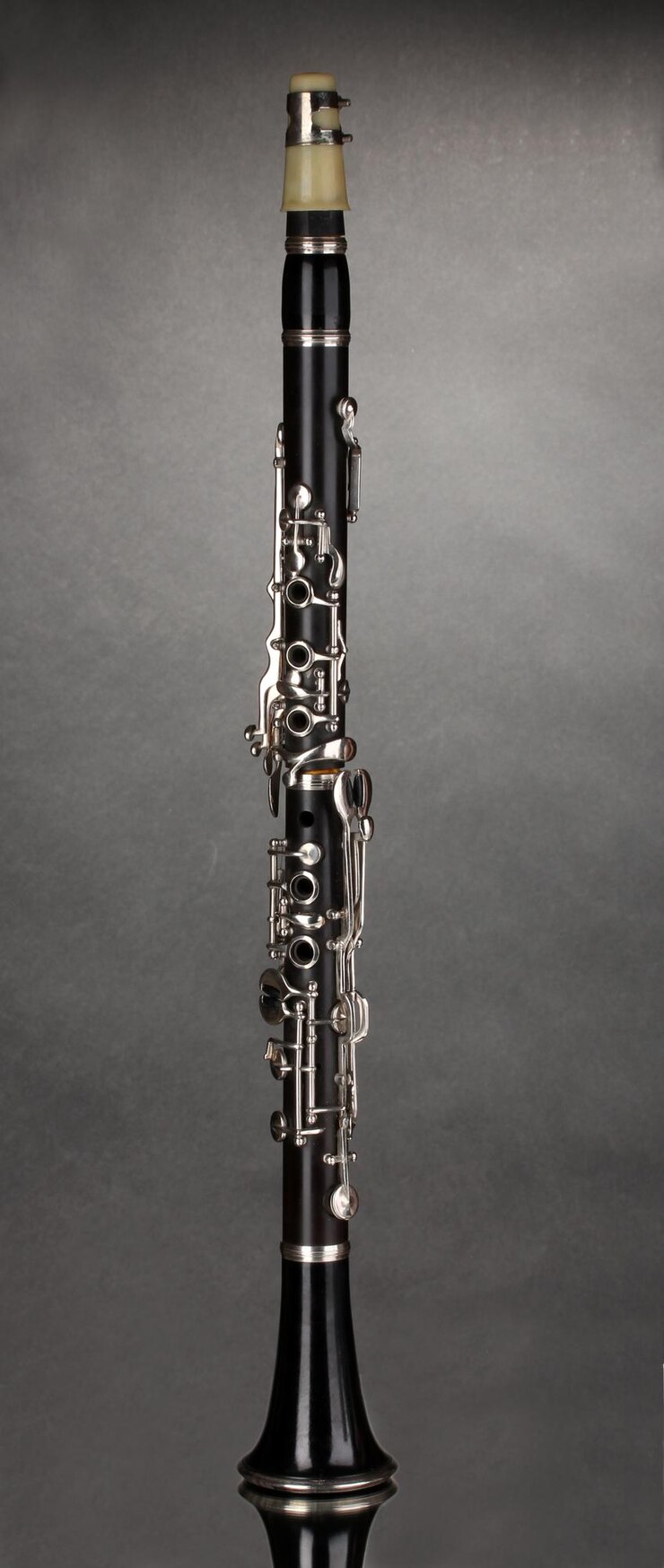 Foto um belo clarinete sobre um fundo cinzento.