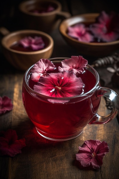 Foto um belo close de um delicioso chá de hibisco rosa feito com ia gerativa