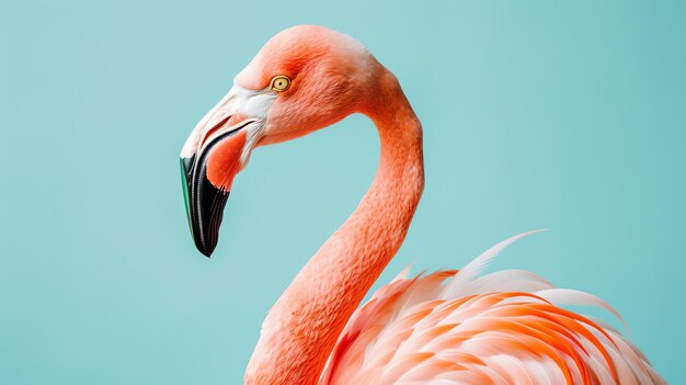 Um belo close de um flamingo rosa com um bico laranja vibrante e um olho amarelo brilhante isolado em um fundo azul pálido