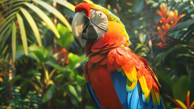 Um belo close de um papagaio sentado em uma selva verde exuberante com um bico colorido e penas vibrantes