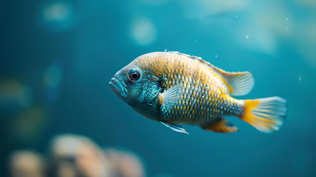 Um belo close de um peixe amarelo e azul nadando em um tanque de água azul