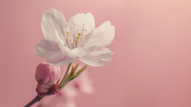 Foto um belo close-up de uma delicada flor de cereja branca contra um fundo rosa suave