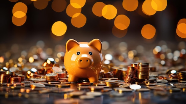 Um belo cofre de cerâmica de porco senta-se em uma grande pilha de moedas de ouro contra um fundo de luzes de Natal Tema de finanças e poupanças
