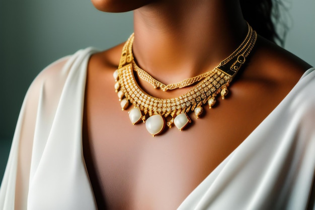 Um belo colar de ouro no pescoço de uma jovem mulher.