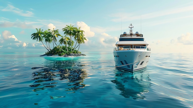 Foto um belo dia na água com um iate de luxo ancorado perto de uma ilha tropical