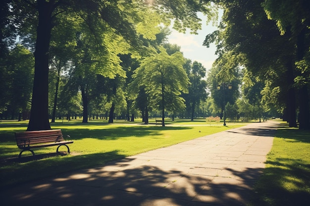 Foto um belo dia normal e ensolarado num parque cheio de árvores.