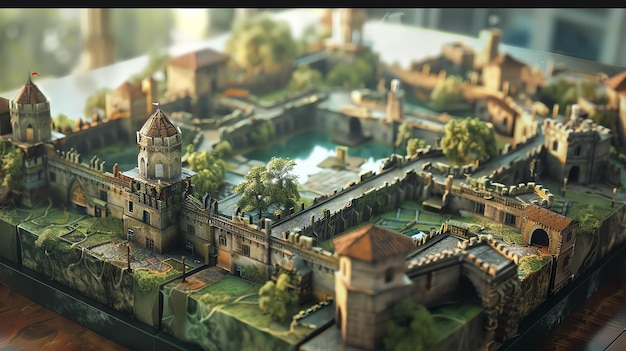 Foto um belo diorama de uma cidade medieval a cidade é cercada por uma muralha e tem um castelo uma igreja e um mercado