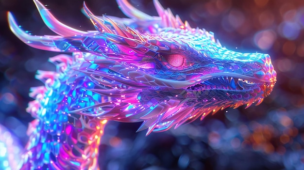 Foto um belo dragão iridescente com olhos vermelhos brilhantes olha para você da escuridão.
