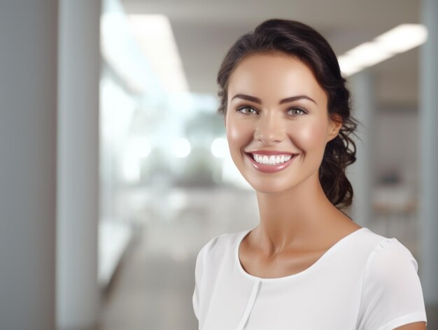 Um belo e amplo sorriso de uma mulher saudável, dentes brancos de perto.