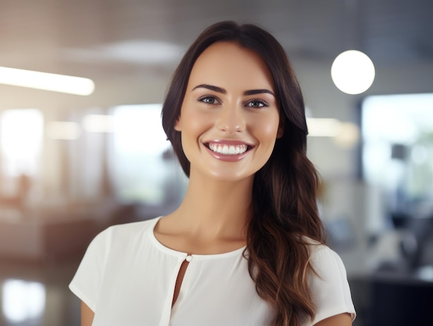 Um belo e amplo sorriso de uma mulher saudável, dentes brancos de perto.