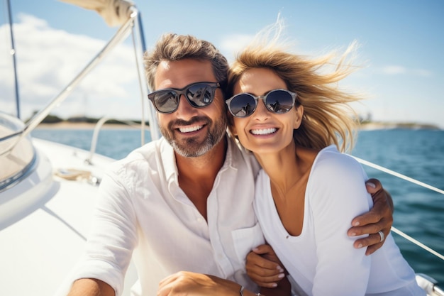 Um belo e feliz casal de meia-idade apaixonado sentado a bordo de um iate a navegar no mar e a desfrutar da vista deslumbrante.