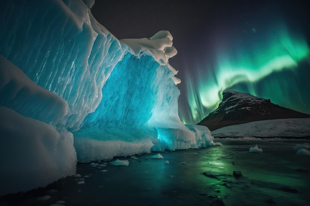 Um belo e grande iceberg no mar da Península Antártica com a Aurora Boreal ao fundo