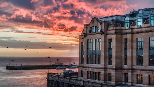 Foto um belo edifício perto do mar em liverpool durante o pôr-do-sol