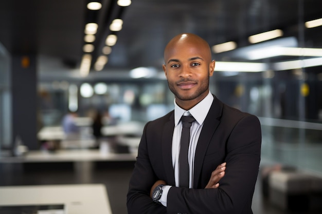 Um belo empresário afro-americano num escritório moderno.