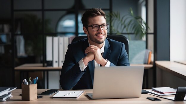 Um belo empresário de fato sentado na secretária do escritório com um laptop parecendo satisfeito.