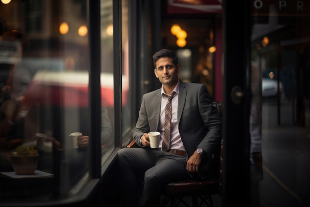 Um belo empresário indiano a tomar café numa pausa.