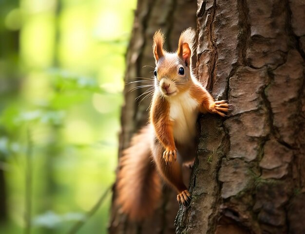 Um belo esquilo em uma árvore em um parque florestal no verão.