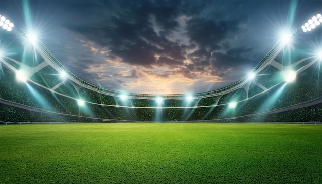 Um belo estádio de esportes com um campo de grama verde