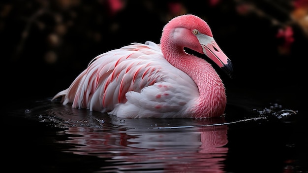 Foto um belo flamingo em um fundo escuro com uma luz suave.