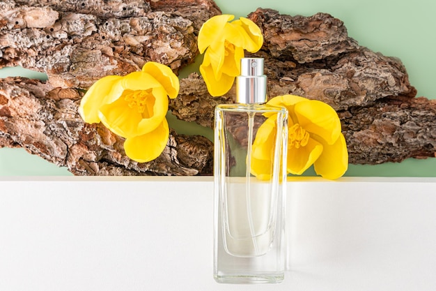 Um belo frasco de perfume encontra-se em partes de um pódio texturizado branco e casca marrom de árvores com apresentação de aroma de flores de primavera