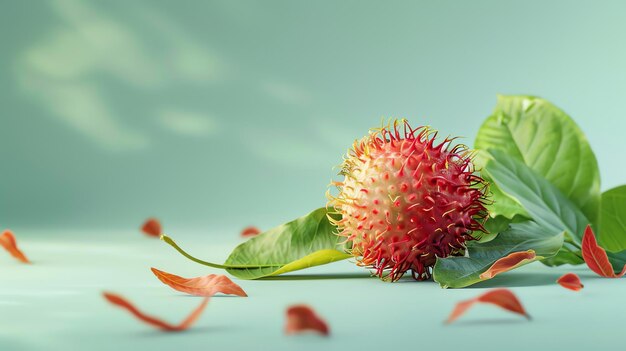 Foto um belo fruto de rambutan com folhas verdes em um fundo verde pastel sólido o rambutan é uma fruta tropical que é nativa do sudeste da ásia